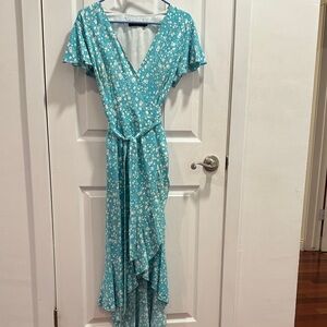 Elegant High Low Floral Dress in Blue